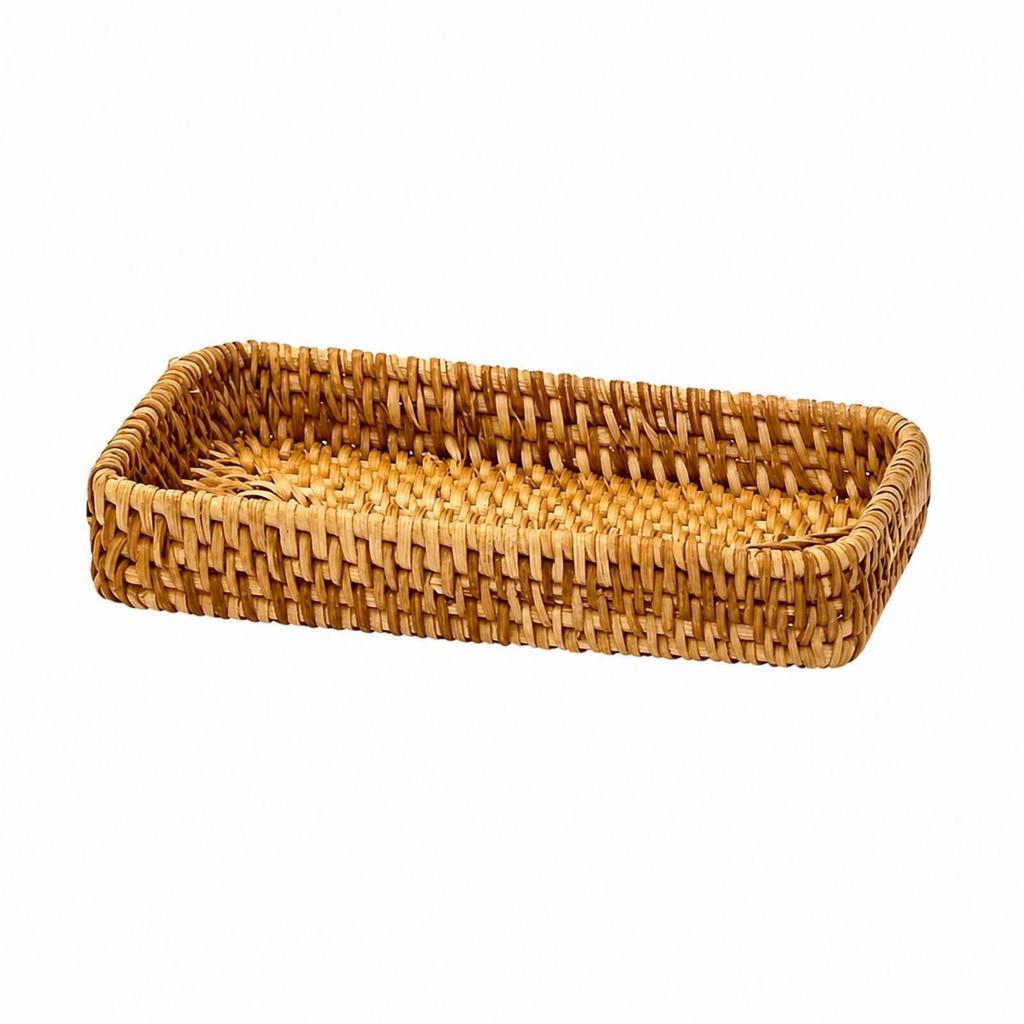 Natural Rectangular Woven Rattan-Style Storage Tray Sleek Open-Top
