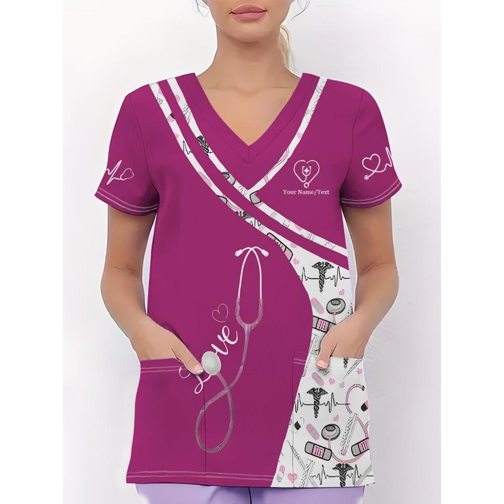 Clinical Uniform Woman Stethoscope Print V-Neck Short Sleeve Nurse Uniform Tops Fashion with Pocket Dentist Nurse Uniform Woman