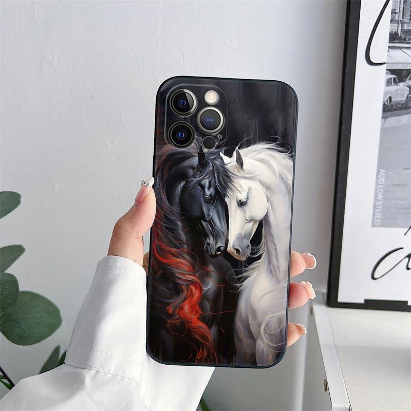Black White Horses Galloping Phone Case for iPhone 11 15 Pro Max Case Coque 14 Plus 13 Pro 12 X XS XR 7 8 SE 2020 TPU Soft Cover