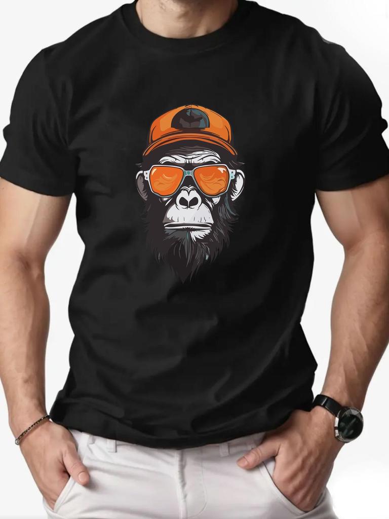 Men's Casual 100% Pure Cotton Summer Fashion Monkey Print Round Neck Short Sleeved Daily Outdoor Breathable T-shirt