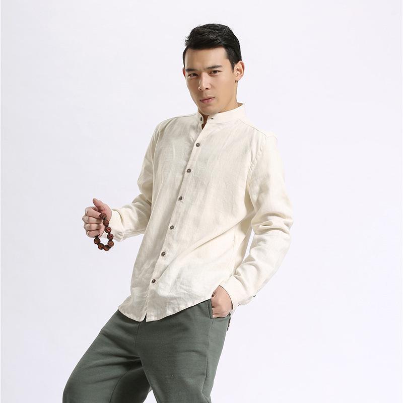 Ma Fan Buyi 2025 Chinese Style Men's Linen Shirt with Coconut Button and Stand Collar