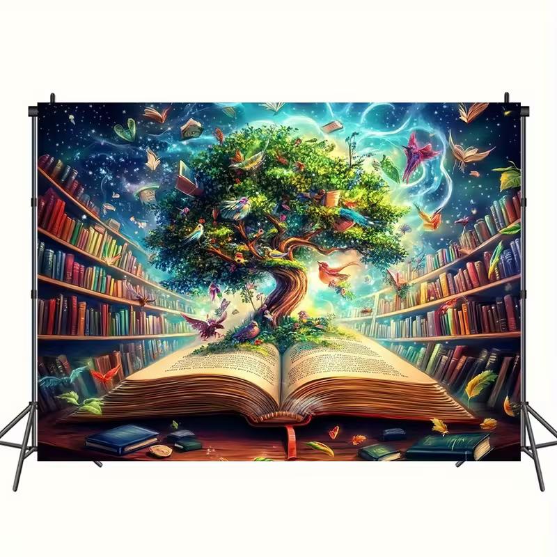 2D Fantasy Open Book with Magic Tree Library Photo Booth Background