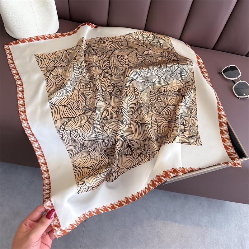 Simple Line Leaf Print Silk Scarf Square Scarf High-end Shawl Sunscreen Neck Small Square Scarf Headscarf Women's Scarf