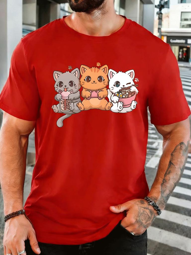 Unisex Short Sleeve T Shirt Three Cute Cats Graphic Tee Bubble Tea Print Tops Summer Soft Cotton Casual Street Wear For Adult Male