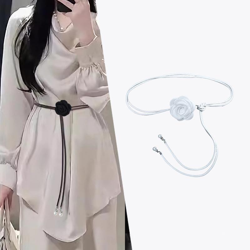 Camellia Flower Leather Rope Waist Chain For Women Thin Belt Sweet Knot Waistband Fashion Clothes Dress Decorative Girdles Strap