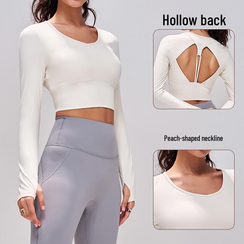 Women's Cross-border Long Sleeve Yoga Top with Fixed Cups and Hollow Back Design