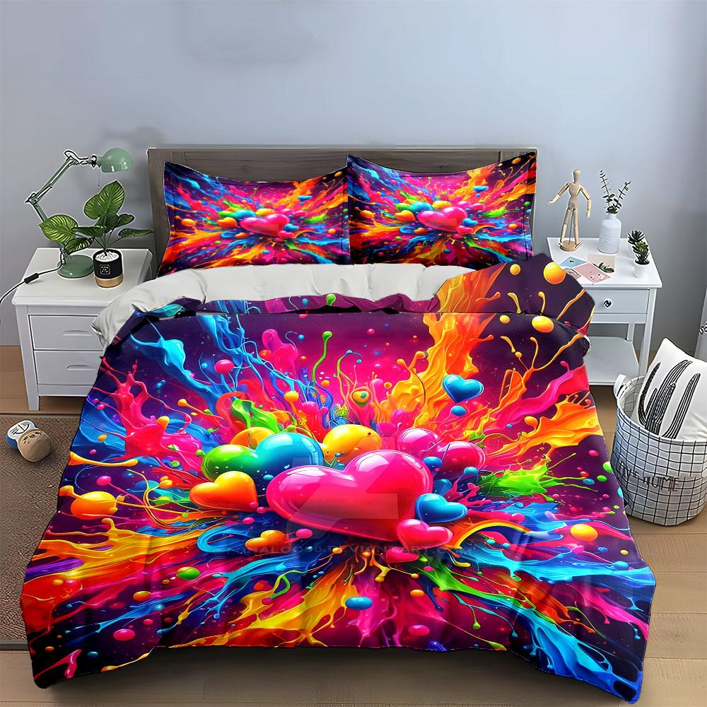 Colorful Heart Splash Artwork Decor Bedding Set with 1 Duvet Cover 2 Pillowcases Single Double King Queen, Gift