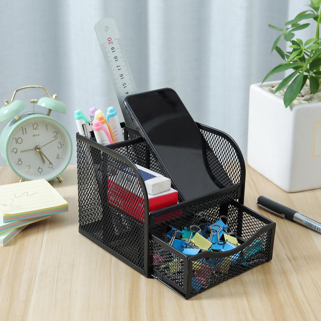 Space Saving Desk Organisers with Sliding Drawer Mesh Metal Pen for Office