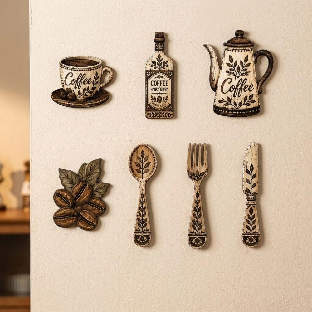 7Pcs Vintage Coffee Utensil Wooden Ornament Dining Room Wall Decor Set For Home Kitchen