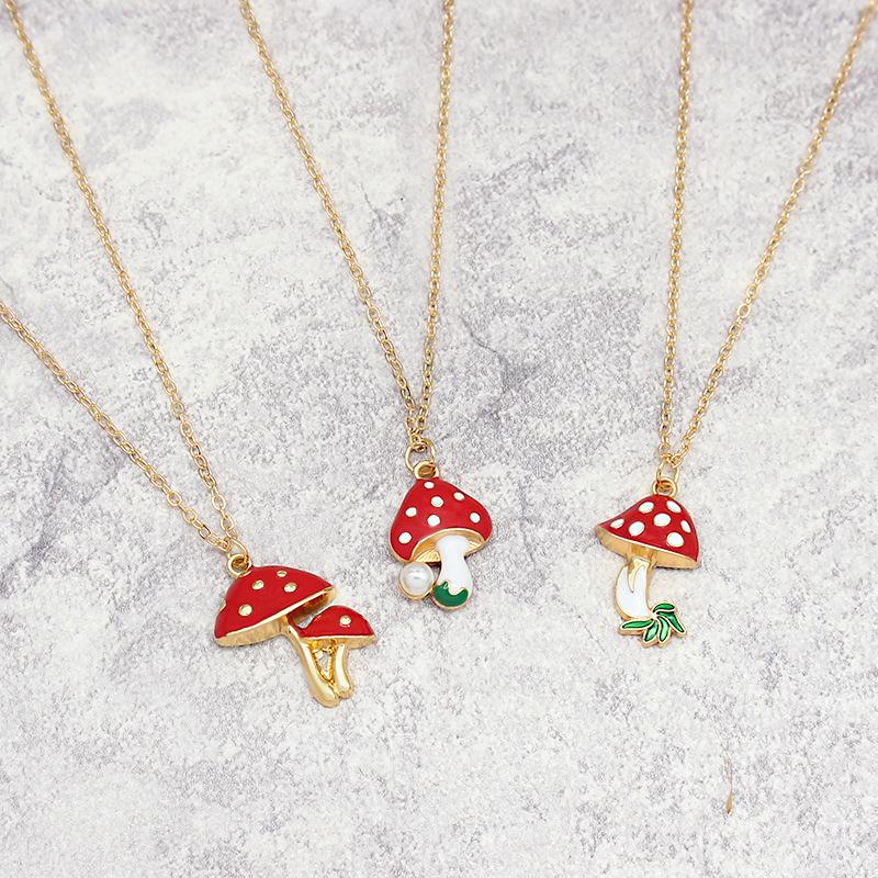 Cute Red Painting Cartoon Mushroom Necklace Simple Resin Metal Necklaces For Women Girls Fashion Jewelry