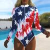 Women Long Sleeve One Piece Swimsuit Zip Front  Ink Tie Dye Print Rash Guard Surfing Bathing Suit