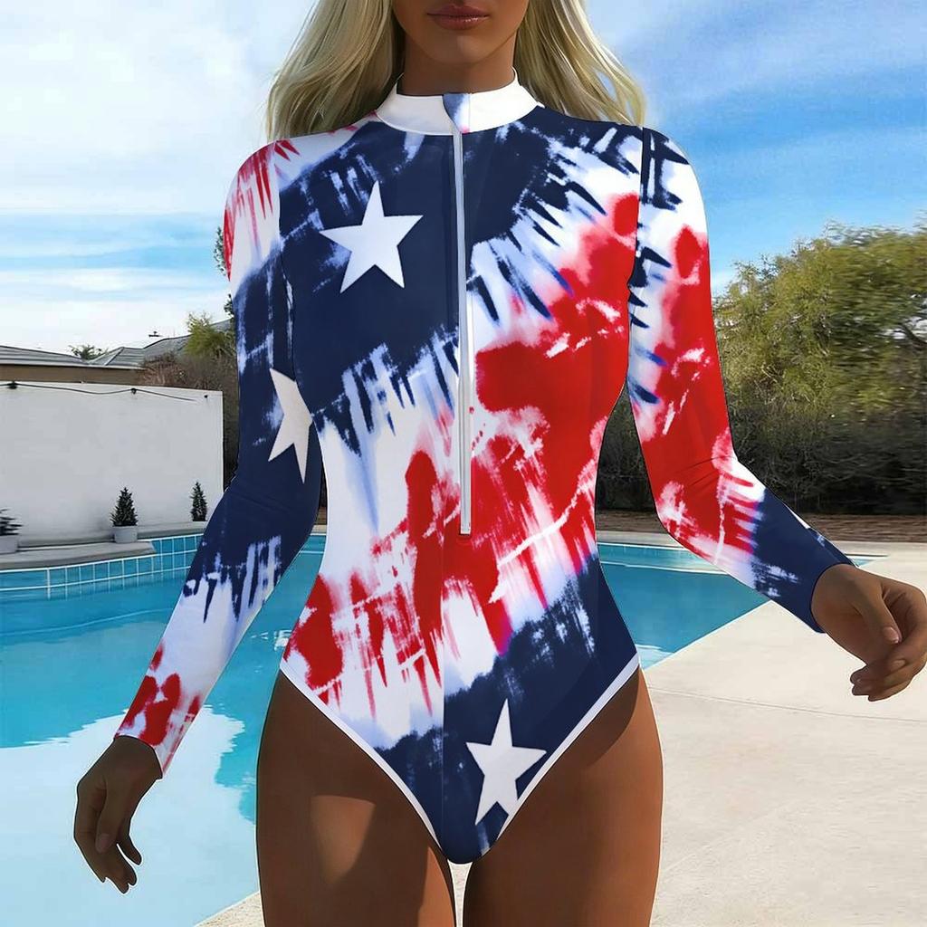 Women Long Sleeve One Piece Swimsuit Zip Front  Ink Tie Dye Print Rash Guard Surfing Bathing Suit