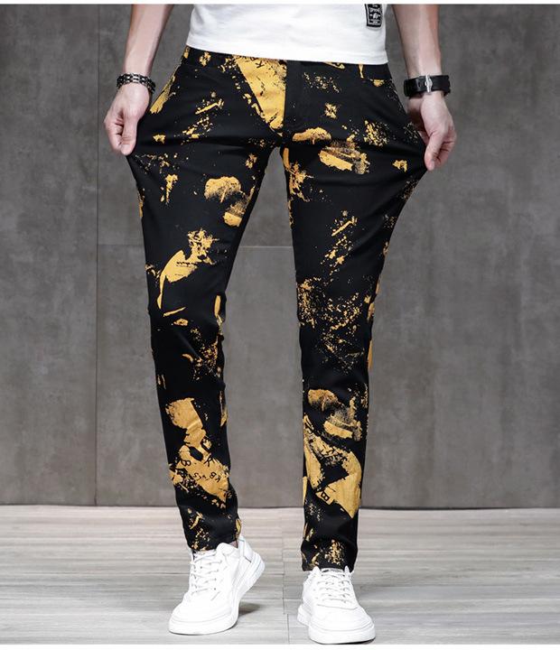 

Новые мужские джинсы с золотым принтом, трендовые, облегающего кроя и эластичные, с узкими штанинами, средней посадки, брюки с цветочным принтом, тренд 33 чёрный