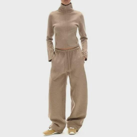 Retro Amerykański Zestaw: Bluza Rozpinana z Zamkiem i Wysokim Dekoltem & Zwężane Spodnie Dresowe z Bananowym Wzorem