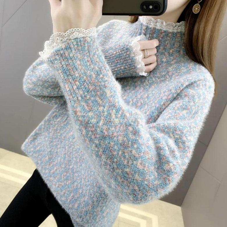 Lace Half High Collar Sweaters Women's Autumn and Winter Large Size Loose Bottom Knitted Pullovers Casual Print Jumpers