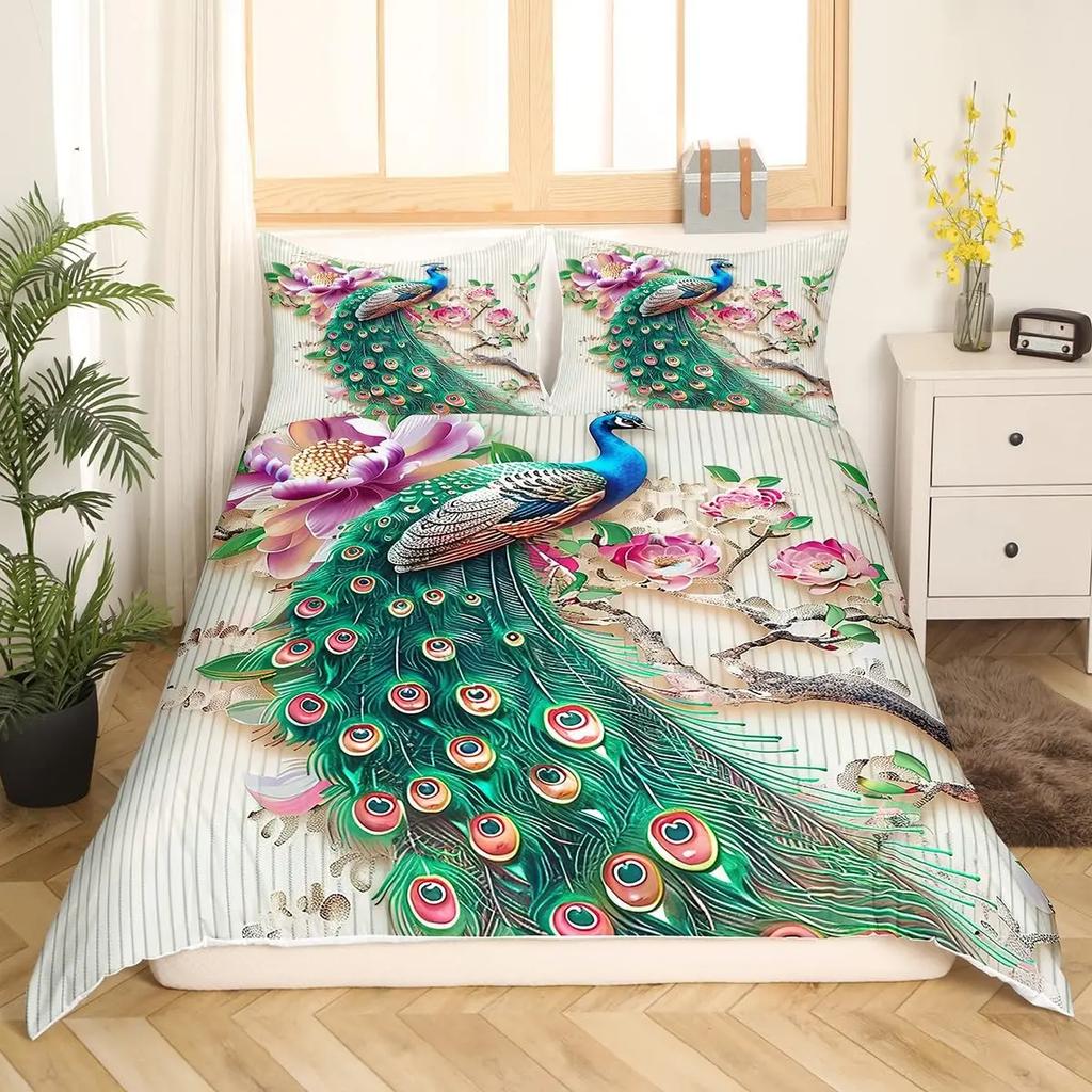 Comforter Peacock Queen Watercolor Feather Bedding Set Bird Animal Floral Print Art Painting Comforter And 2 S
