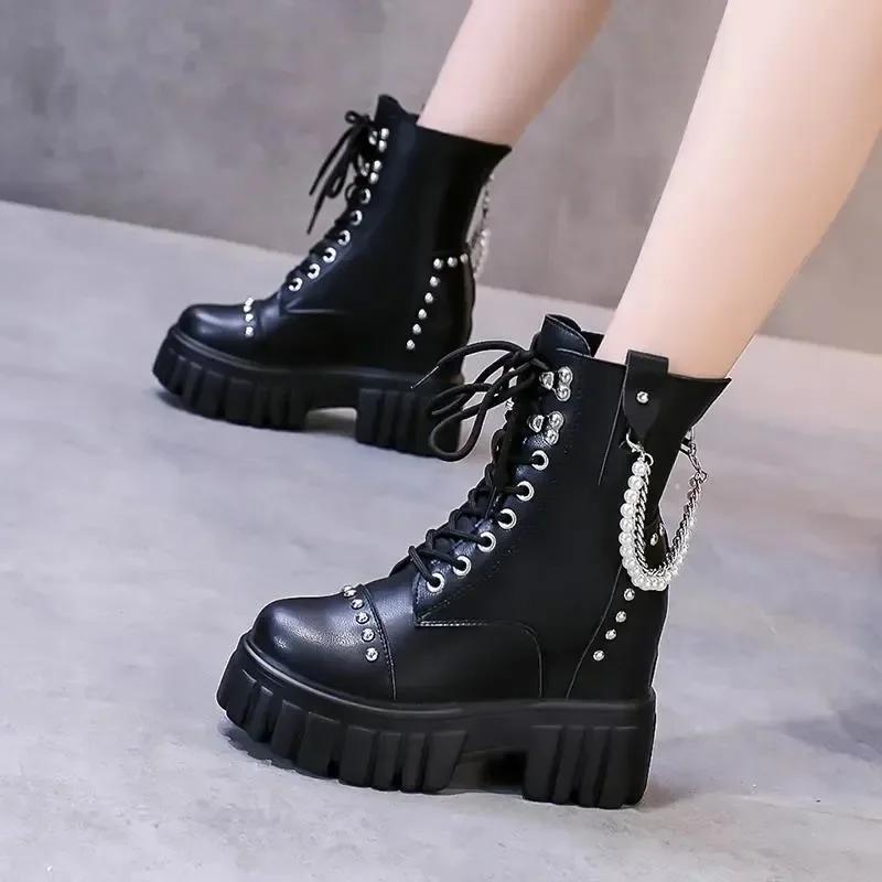 Fashion Women's High Platform Motorcycles Boots Winter 10CM Wedge Heels Mid-calf Boots Female Chunky Sneakers Autumn Leather Shoes Woman