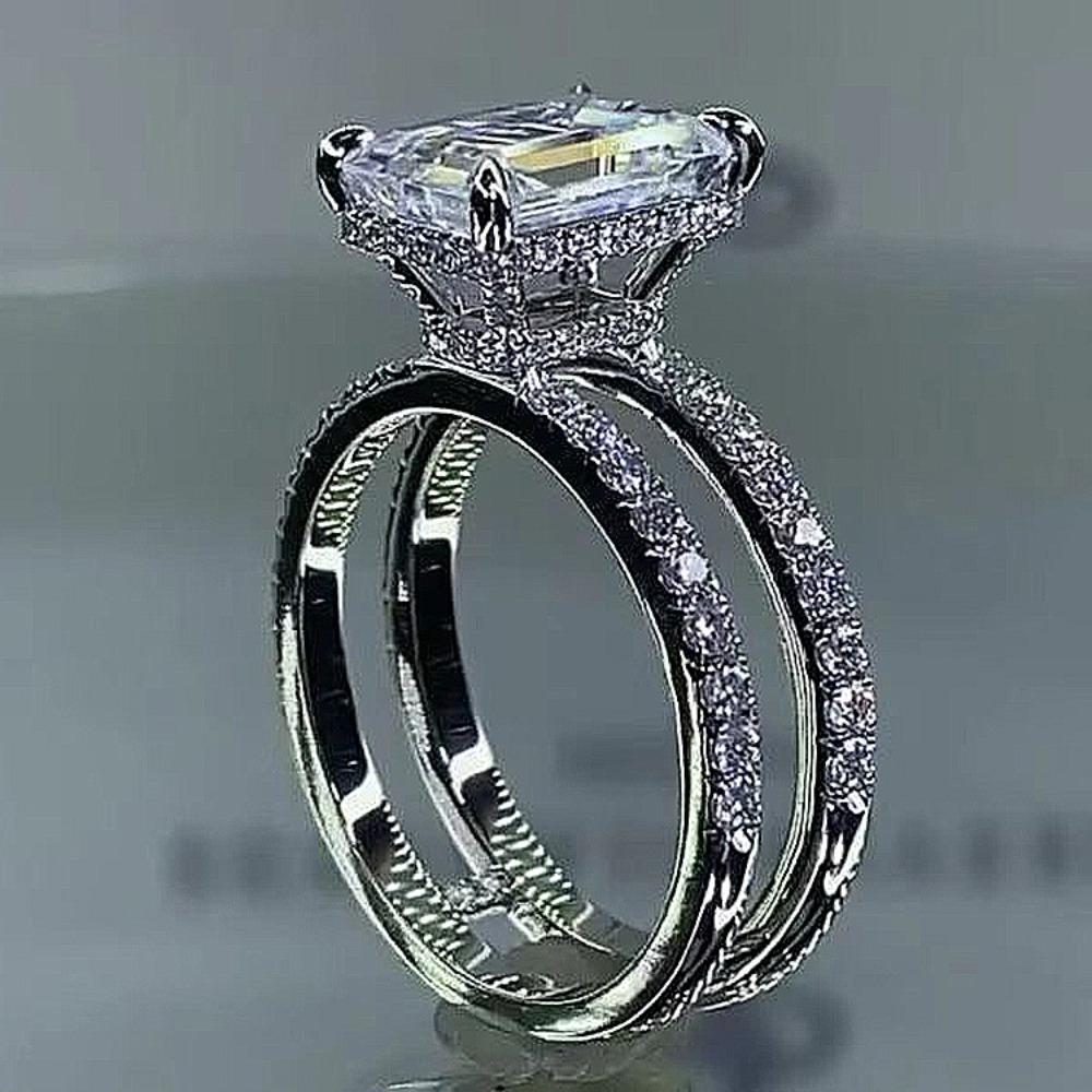 Women Double Layer Princess Cut High Carbon Diamond Ring for Engagement Wedding Anniversary Gift