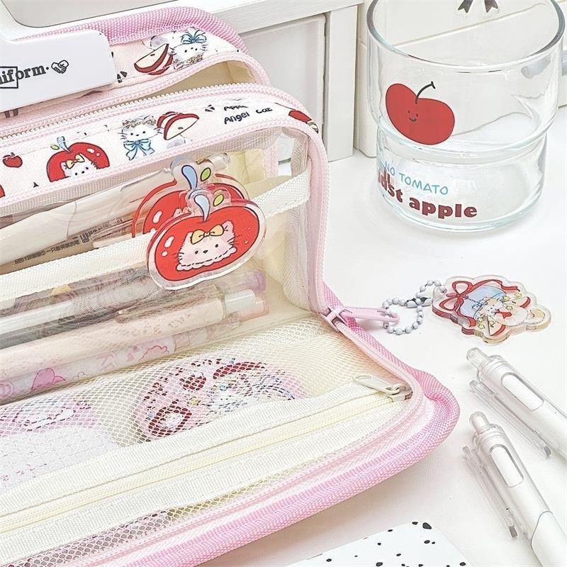 Pink Apple Cat Kitten Pain Bag Large Capacity Multi-Layer Pencil Case Student Stationery Girl Portable Cosmetic Storage Bag Gift