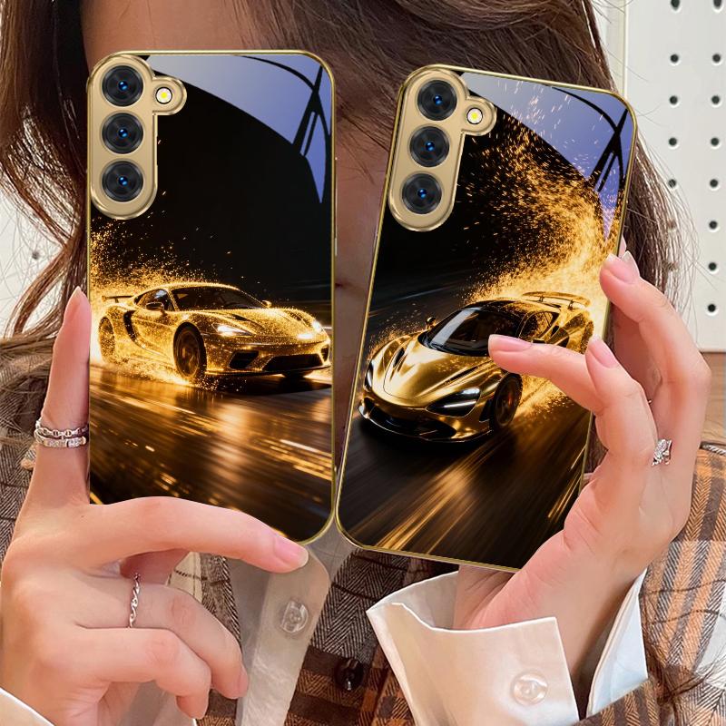 Flying Golden Supercar For Samsung Galaxy S20 FE S21 S22 S23 Plus S24 Ultra 25Ultra S21+ S9+ S22Plus Golden Glass Phone Case