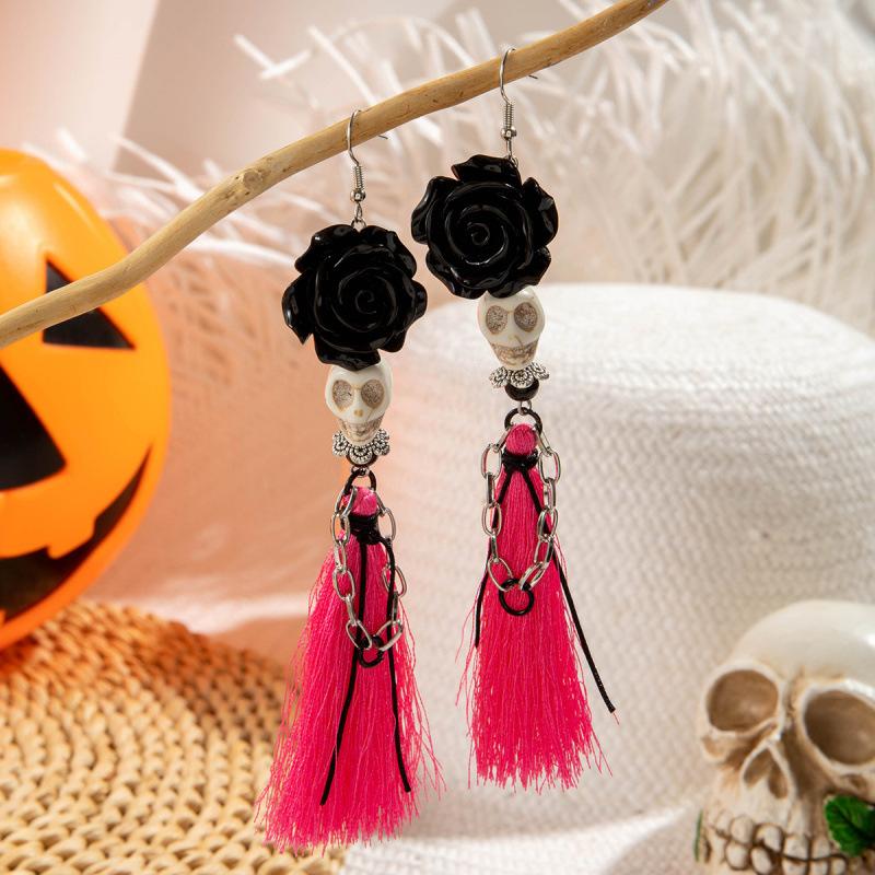 Halloween, Divertenti Divertenti Orecchini con Tassel Teschio Perline di Riso Creativi Orecchini a Rosa
