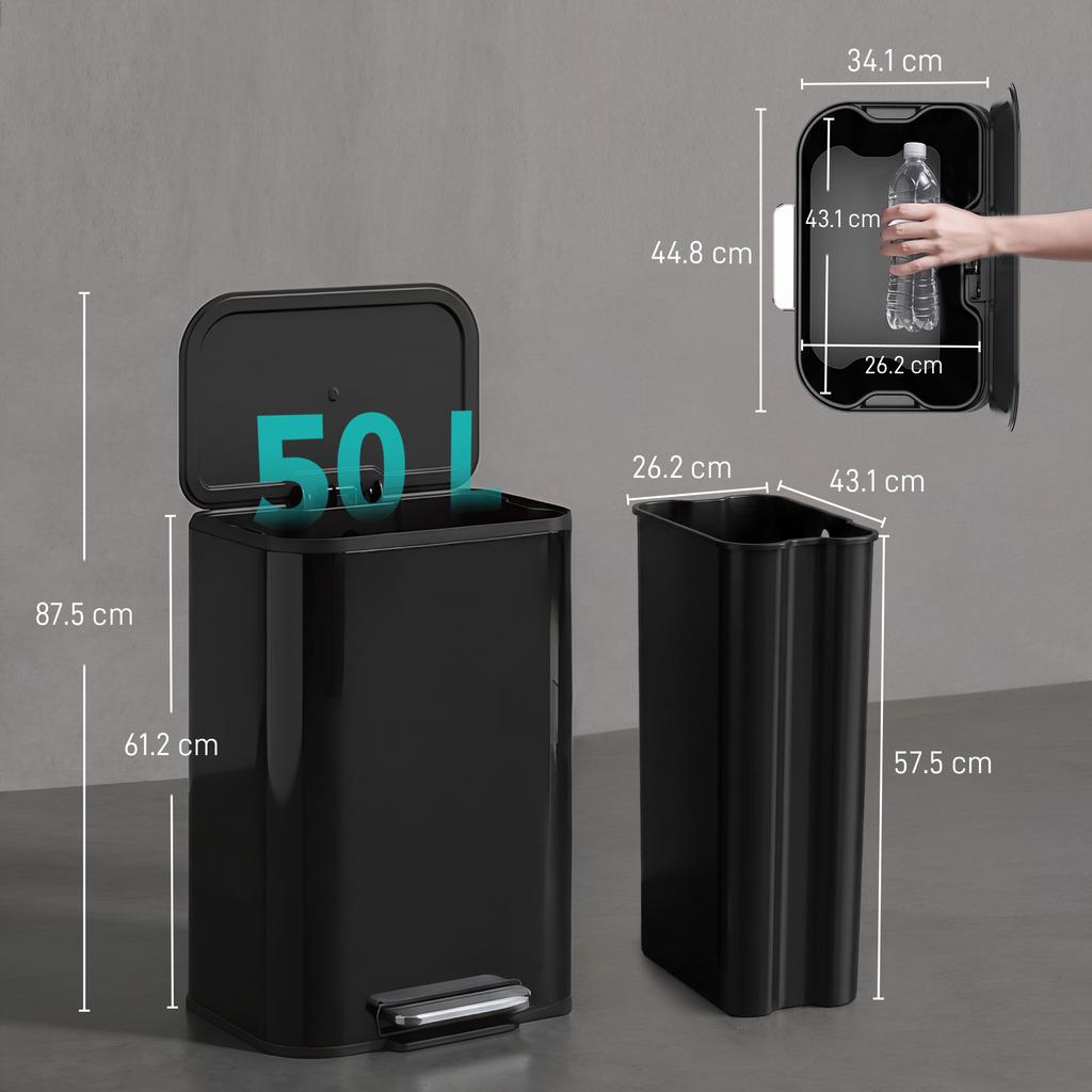 50L Kitchen Bin, Metal Pedal Rubbish Bin with Soft Close and Stay-Open Lid, Removable Inner Bucket, High Gloss Black