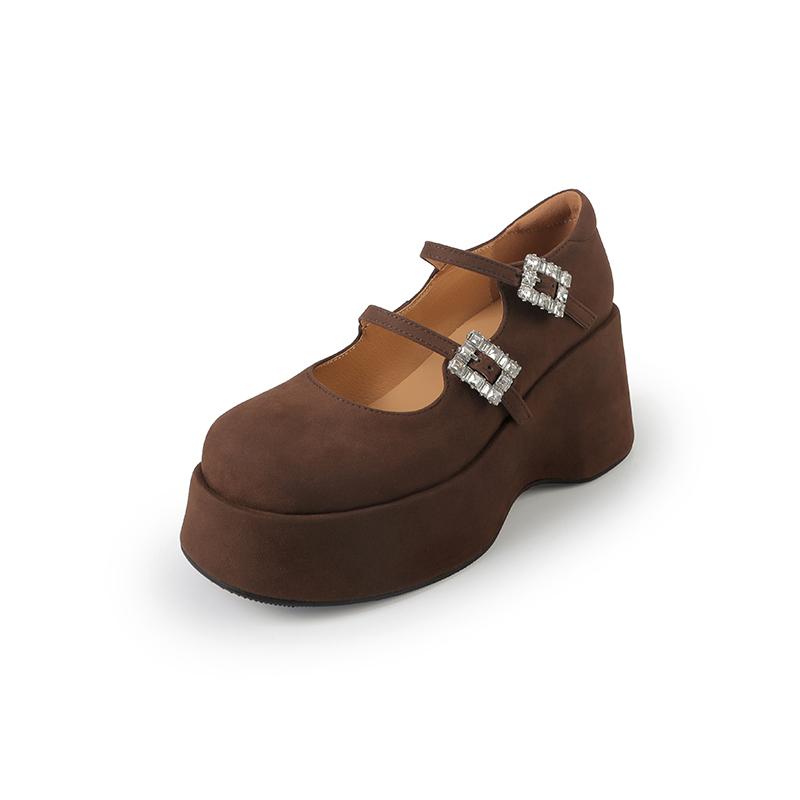 Fashion 2025 New Spring Platform Mary Jane Elegant Shoes Round Toe Crystal Belt Buckle Wedges Pumps Flat Platform Shoes