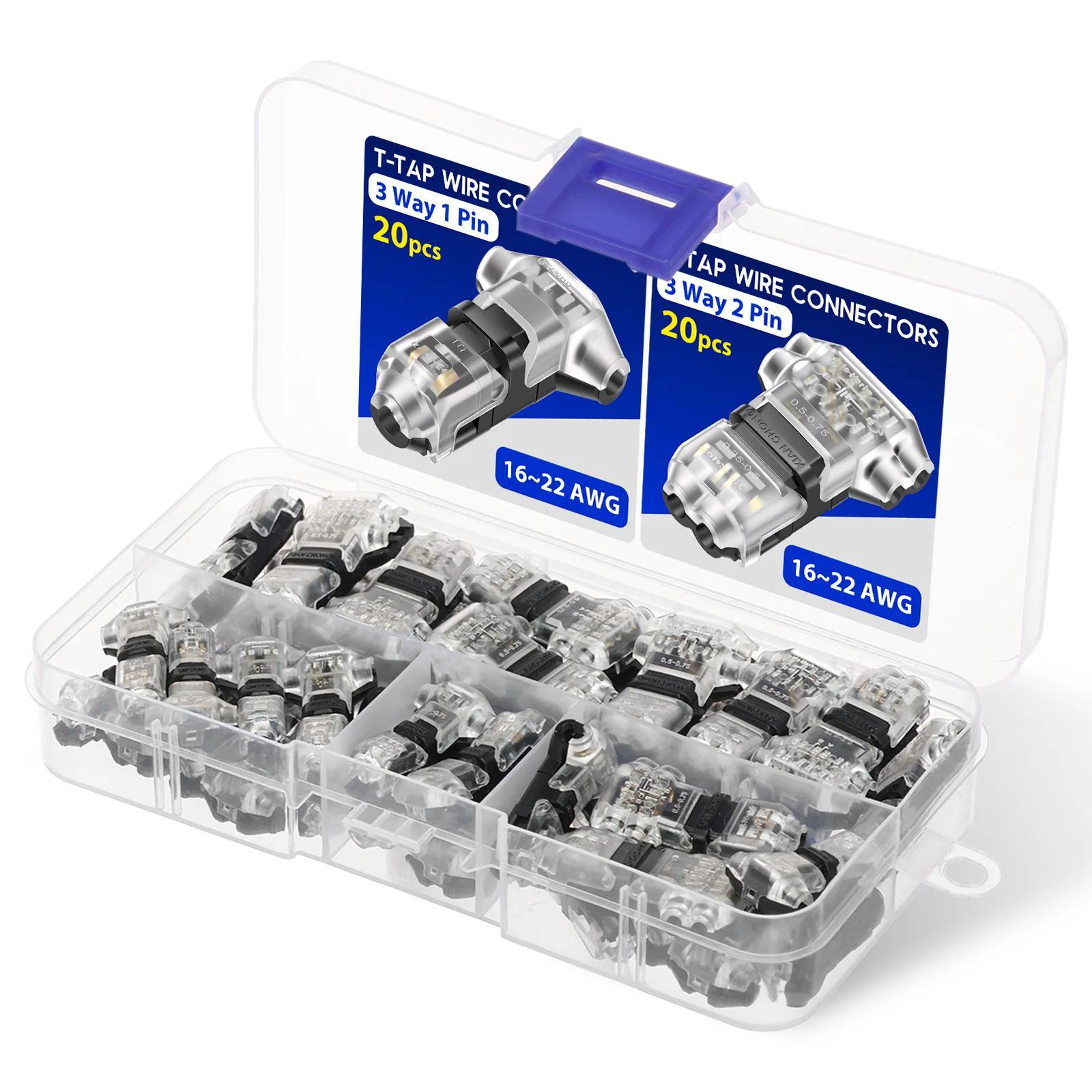 

40Pcs T-Tap Wire Connectors Kit 16-20 AWG 3 Way 1 Pin & 2 Pin Electrical Wire Splice Connectors Waterproof Electrical Connector