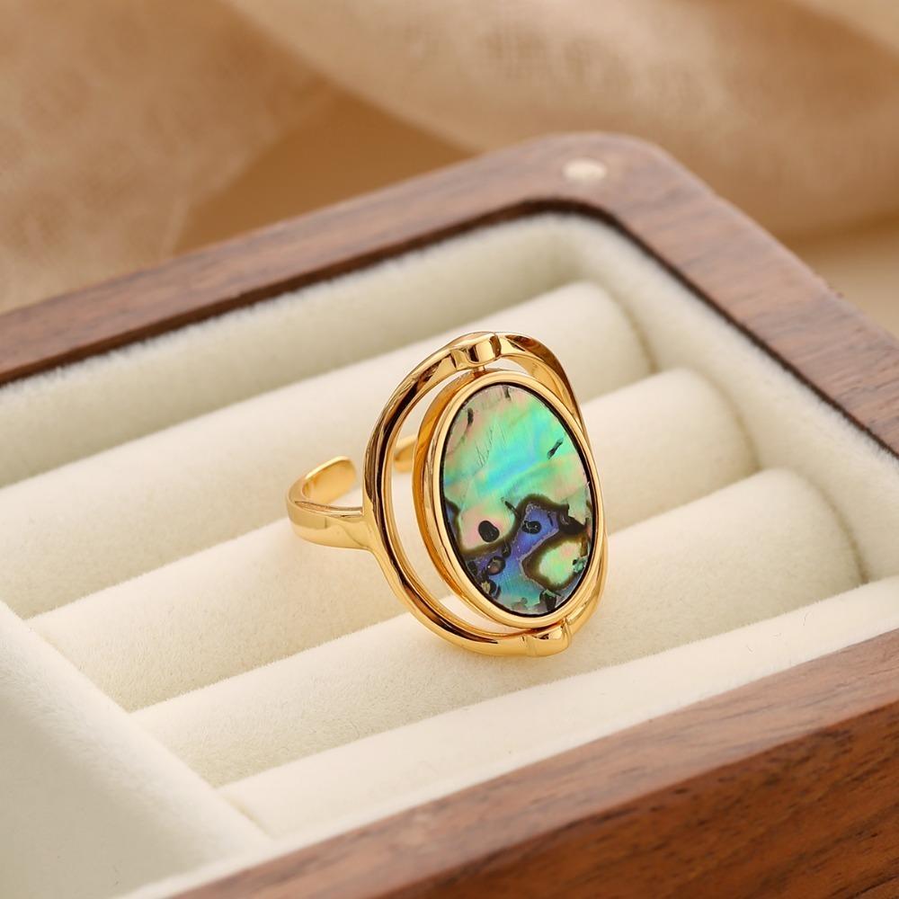 Stainless Steel Geometric Oval Rings Finger Jewelry Rotatable Opal Rings Flippable Rings  Women