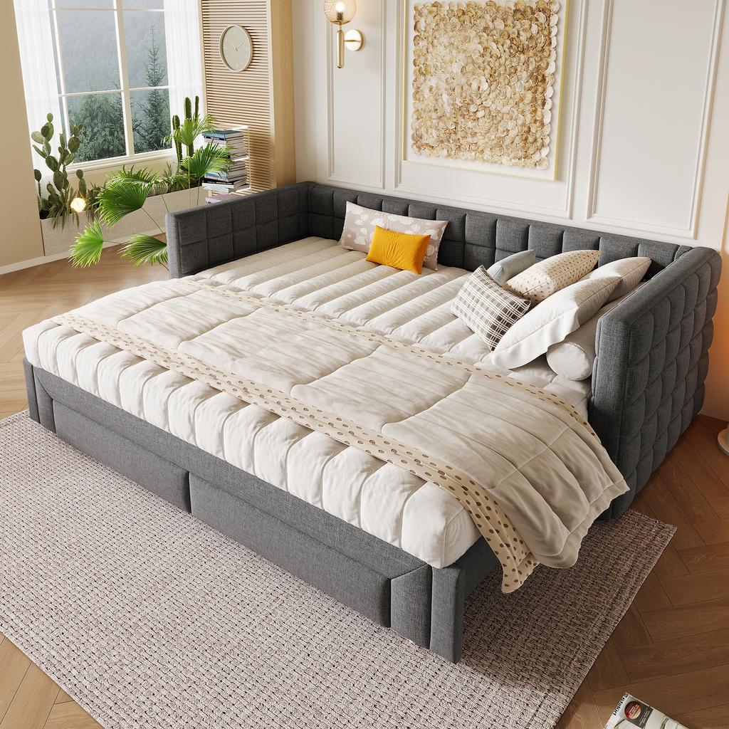 Cama de día, Cama de día, 90 x 200 cm, Sofá cama con respaldo cuadrado, Cama extraíble (Extensible a 180 Tamaño Queen), 2 Cajones, sin Colchón, Gris