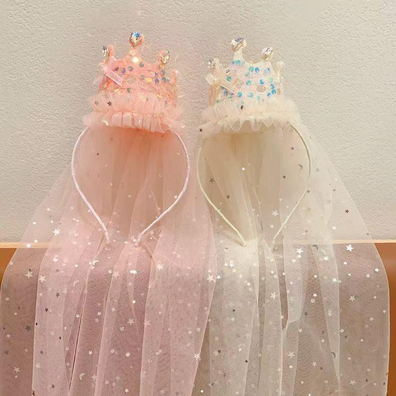 1Pcs Sparkly Tulle Hair Accessories Princess Crown  Headbands Pink White Sequin Party Headwear Cute Girl'S Dress Up Headband