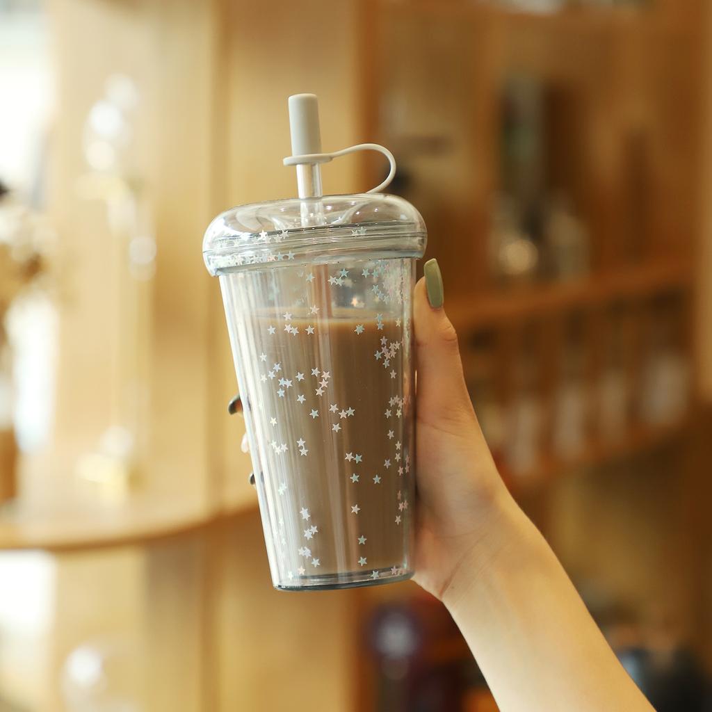 14.8oz Star Clear Tumbler With Straw Reusable Transparent Double-layer Water Bottle For Coffee Milk DIY Smoothie Cup Drink green