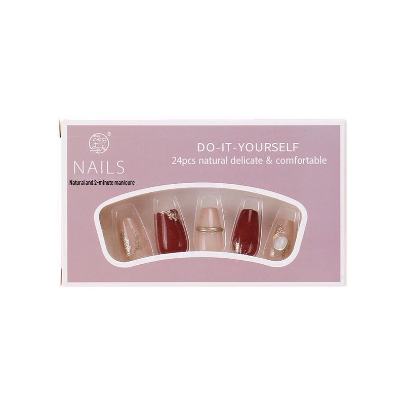 Short Wine Red Glitter Press-On Nails with Gold Foil - Handmade Nail Art Patches for Students