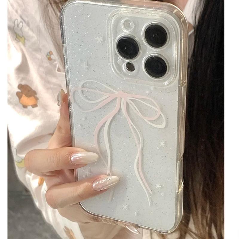 Korea Sparkling Pink White Bow Phone Case For iPhone 16 15 14   11ProMax Mini Pro XR XS 78Plus Anti Drop Protective Cover