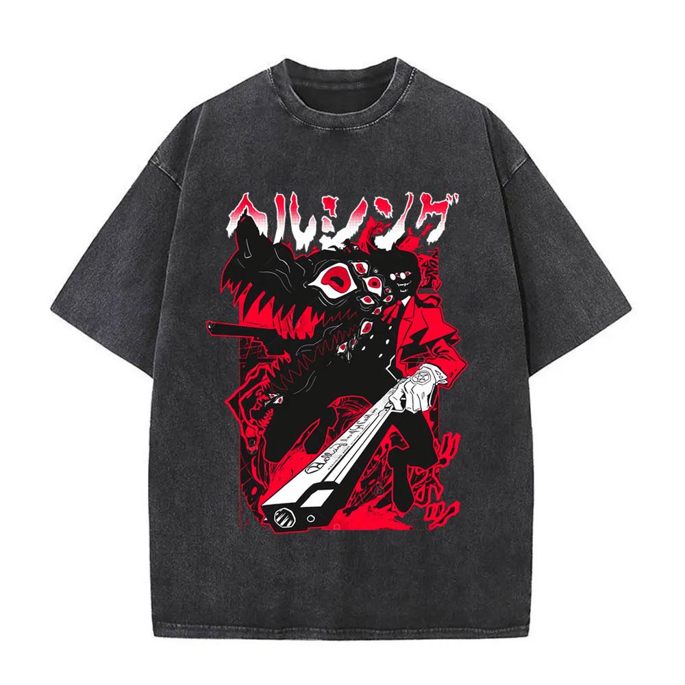 Washed Vintage Anime Hellsing Abraham Van Helsing Vampire Alucard Double Sided Print Tshirts Unisexs s Unisexga Oversized T Shirts