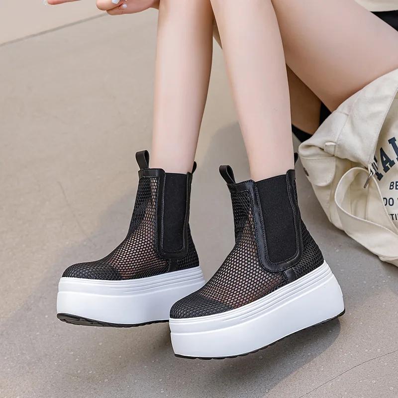 

Модные Высококачественные 8СМ Ботильоны-Сандалии из Воздушной Сетки и Микрофибры Женские Массивные Кроссовки Платформа Танкетка Летняя Удобная Обувь С Полым Дизайном 39 чёрный