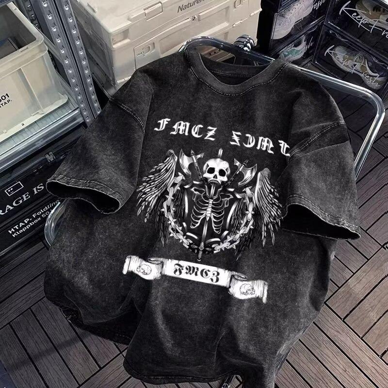 New Printed Skull Short-Sleeved T-Shirt Men'S Summer Korean Version Of The Trend Of Simple Half-Sleeved Shirt Hong Kong Style Loose Casual Shirt