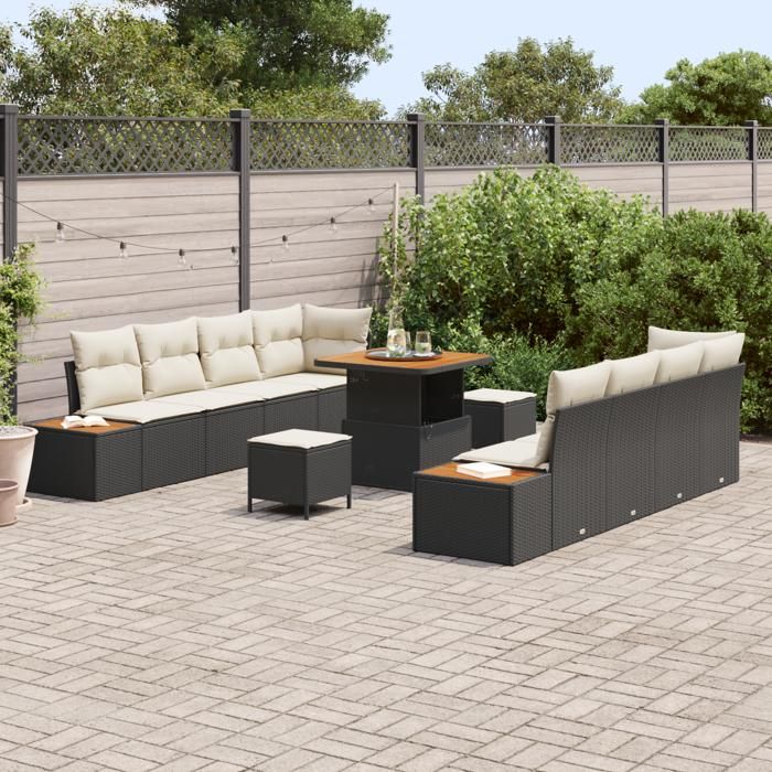 Ensemble de Canapés de Jardin de 11 Pièces avec Coussins Noir Poly Rotin Acacia, Ensemble de Salle à Manger de Jardin 3 3362885