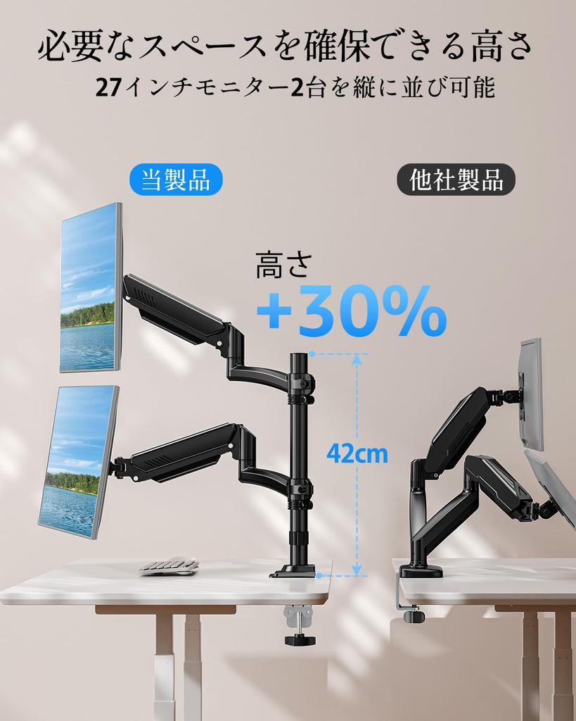 MOUNTUP Dual Monitor Gas Supports Inch Vertical Weight VESA Grommet Clamp Pole Adjustable Arm, Spring, 16-32 Monitors, Mounting, 2-10kg Capacity,