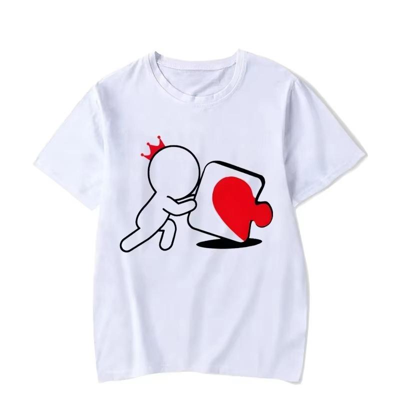 Cartoon Girl Boy Heart Puzzle Print Couple T-Shirt Short Sleeve Loose King Queen Tshirts Trend Lovers Shirt Unisex Tees