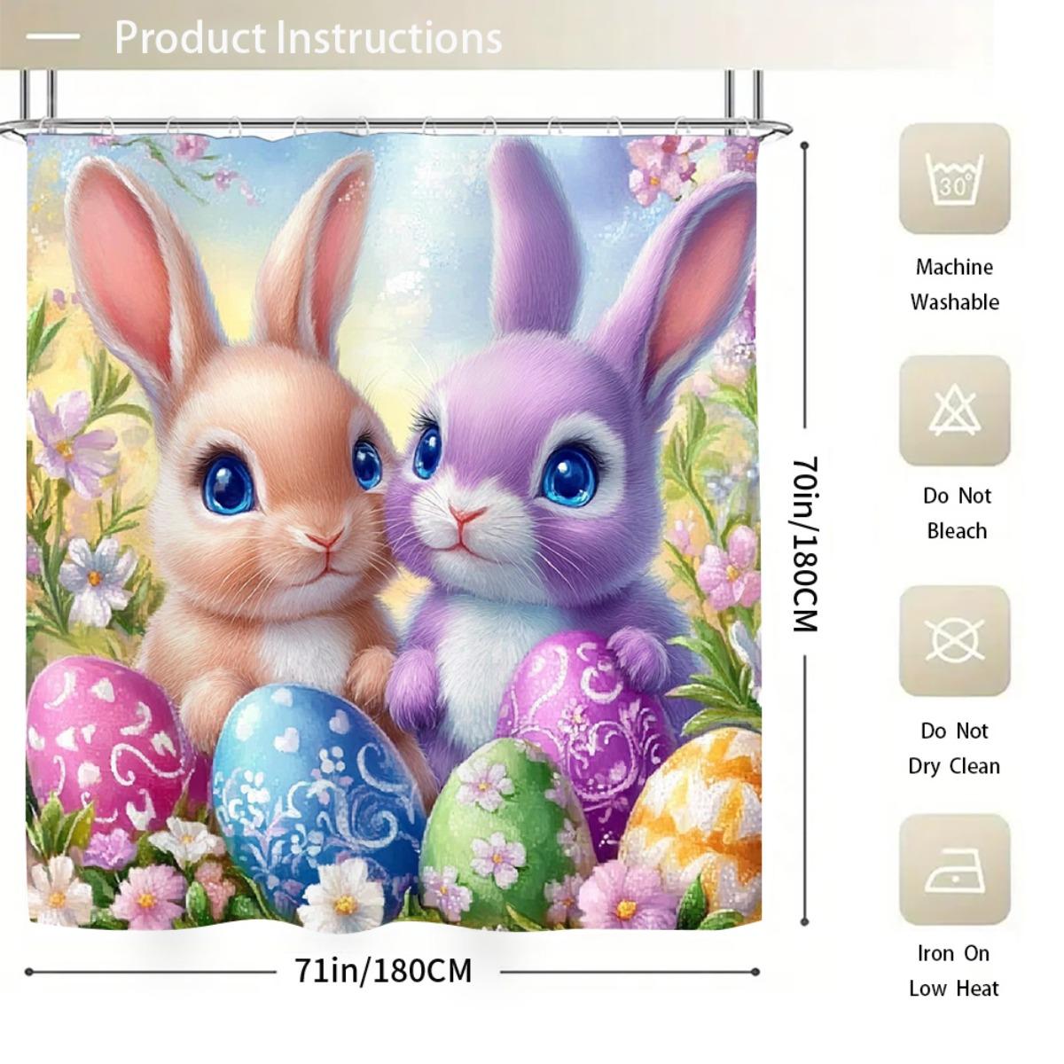 

1/ 4pcs Colorful Easter Bunny Bathroom Set Egg Design Waterproof Fabric Shower Curtain 12 Hooks Non Slip Bath Mat Rug Spring Home Decor Accessories 1 Shower curtain (71*71 inches)