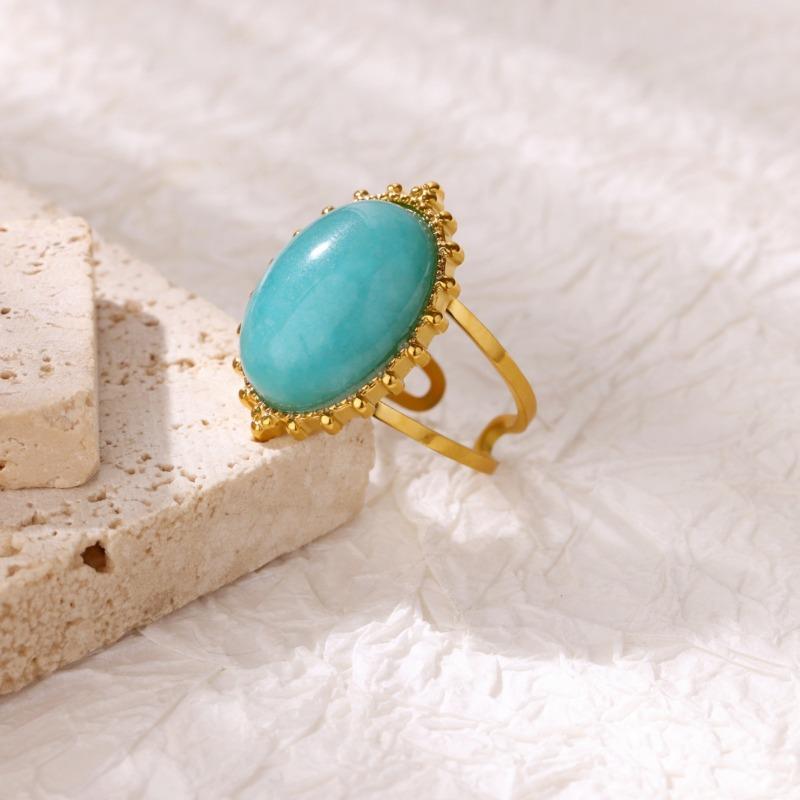 Gold Plated Stainless Steel Stone Ring Vintage Women's Blue Personality Open Ring New