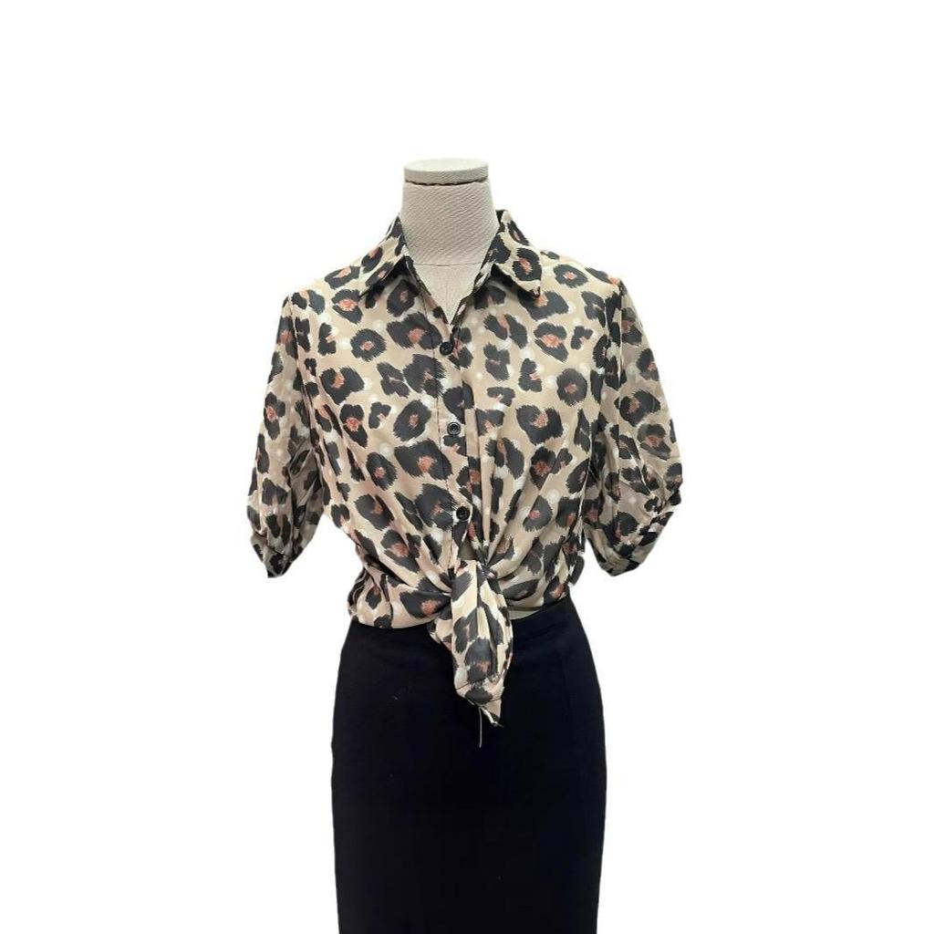 Leopard Print Retro Chiffon Shirt: Loose, Versatile, Short Sleeve Lapel Top for Women
