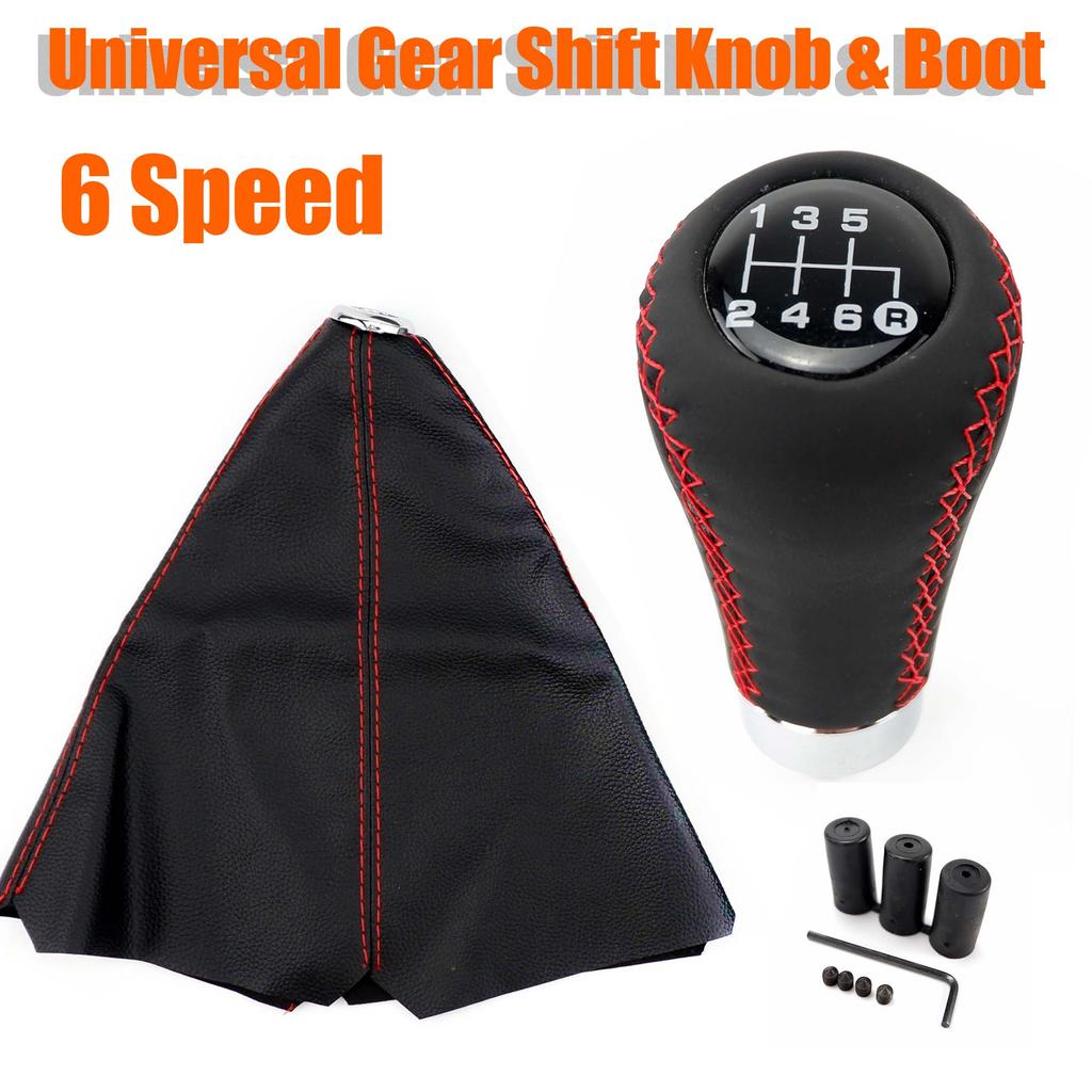 Universal Car Gear Shift Knob Gear Stick + Boot Set 5 / 6 Speed Manual Shifter Lever Black Red Line Stitche PU Leather