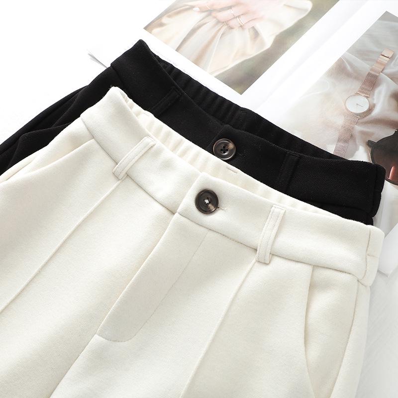 Beige Fleece-Lined Wide-Leg Woolen Pants for Women - New 2024 Autumn/Winter Collection