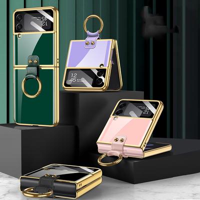 Patterned Hard Ring Holder Case For Samsung Galaxy Z Flip 4 5g Cover Electroplate Frame Lens Glass Fundas