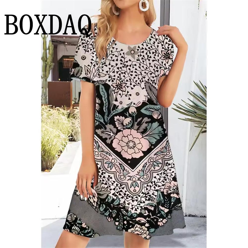 

Summer Short Sleeve Women s Dresses Fashion Casual Flowers Printing Dresses 2025 Women s Round Neck Loose Short Dresses Sundress 6XL