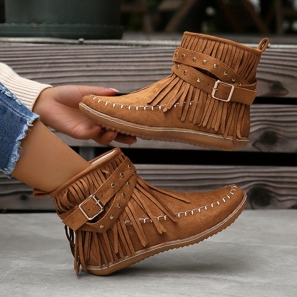 Women's Solid Color Stylish Boots, Side Zipper Buckle Straps & Tassel Decor Boots, Winter Plush Round Toe Ankle Shoes