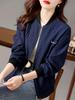Navy Blue Textured Women's Baseball Jacket - Korean Style, Spring 2025, Casual, Age-Reducing, Short
