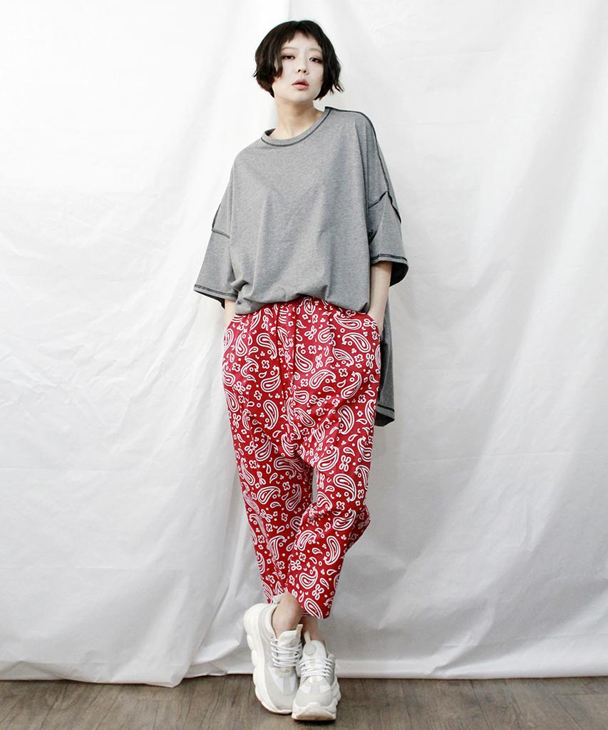 Deumakeu Circle Paisley Straight Baggy Fit Pants Burgundy